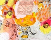 painting cat canvas art contemporary orange white red original collage mixed media