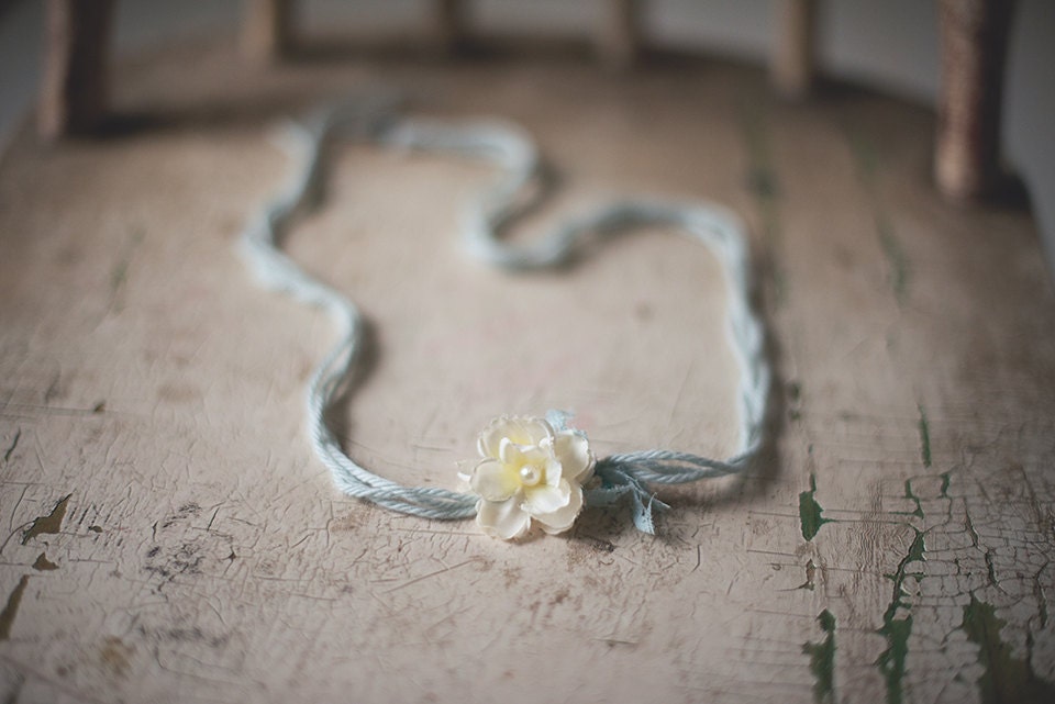 Light blue and ivory tie back Headband