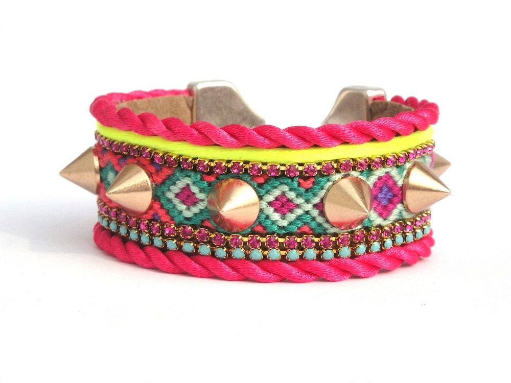 SS2013 Friendship bracelet cuff Spikes series  - friendship bracelet cuff - bohemian hippie jewelry - jewel tones spike cuff - rosé gold