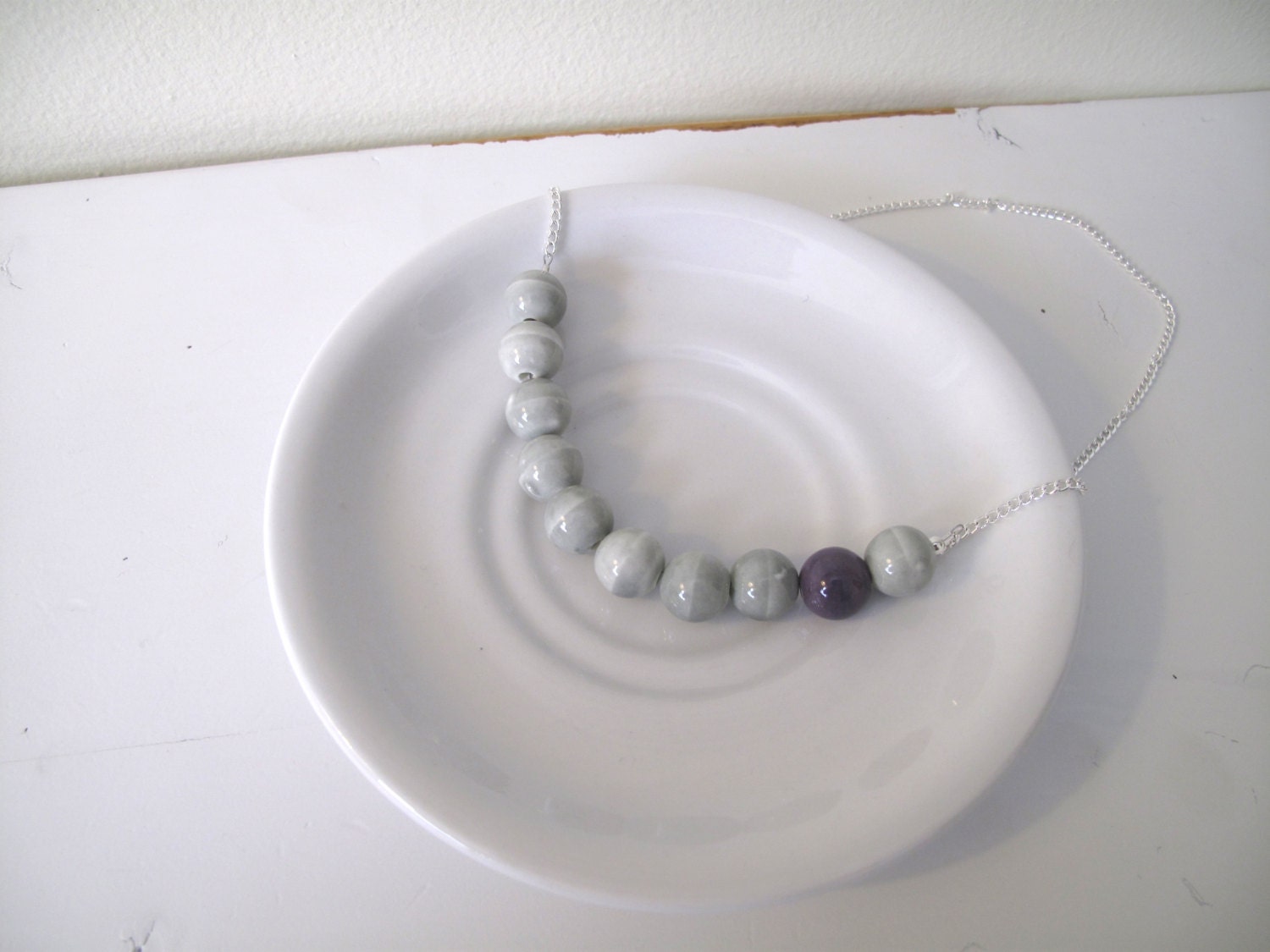 color block bead necklace in gray and purple