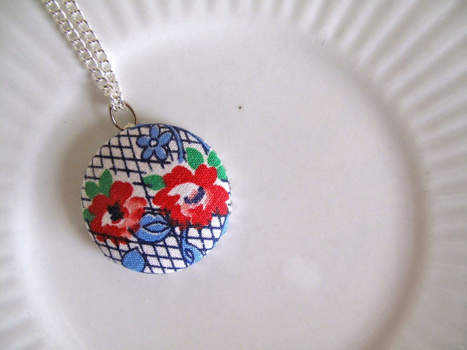 single button necklace made with vintage fabric