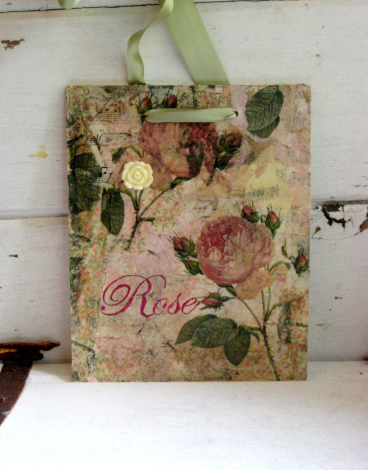 Cottage Chic Magnet Board, mixed media with vintage sheet music, rose images, with satin ribbon hanger