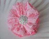 Pink Tulle and Lace Ruffle Flower Clip with Bling- Girly, Sparkly, and Fun