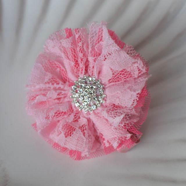 Pink Tulle and Lace Ruffle Flower Clip with Bling- Girly, Sparkly, and Fun