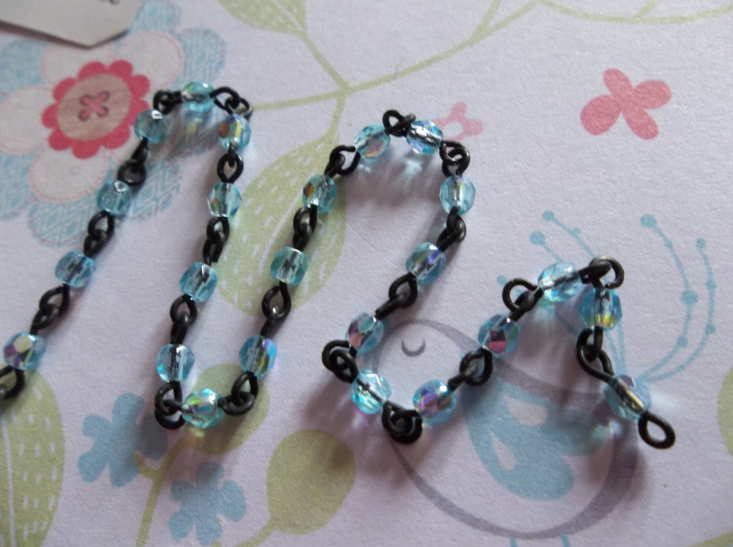 Aqua AB Blue 3mm Fire Polished Glass Beads on Jet Black Beaded Chain - Qty 18 inch strand