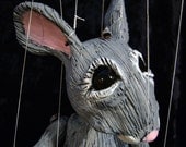 grey rabbit marionette, hand-made, OOAK