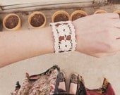 Off White Lace Leather Bracelet - Floral Brown Leather