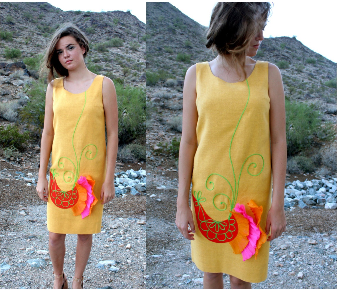 1960s RARE Mod Yellow Applique Shift Dress