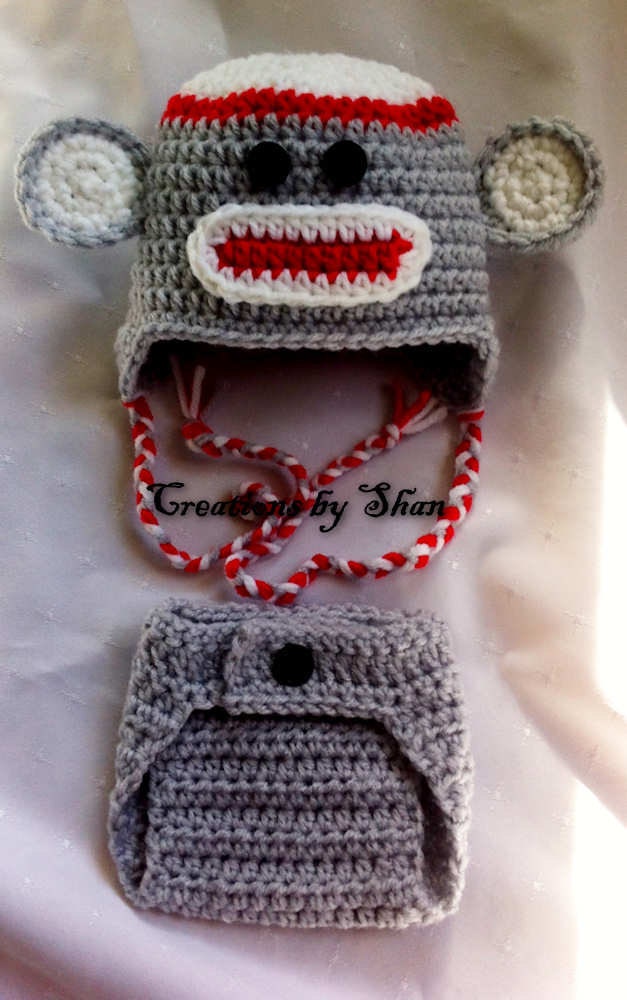 Newborn Sock Monkey Diaper Cover and Hat  Red White Grey Photo Prop OFG Team Team Madcap
