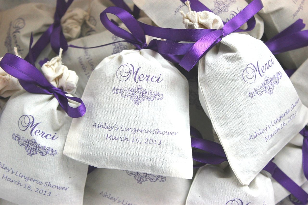 50 Personalized Lavender Filled Lingere Party Favor Bags - Vintage Merci Sachets - choose your ink and ribbon color Il_170x135