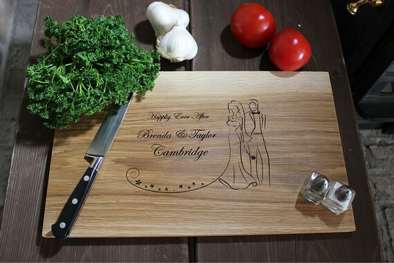 Personalized Engraved Wood Cutting / Bread Board - Happily Ever After, Names - Whtie Oak Wood - 15" x 9" Il_570xn