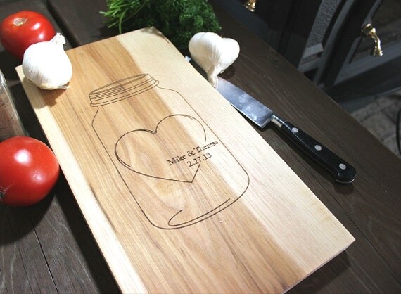 Custom, Personalized Engraved Kitchen Wood Cutting Board - Heart in a Mason Jar with names and Date - Maple Wood - 15" x 9" Il_570xn