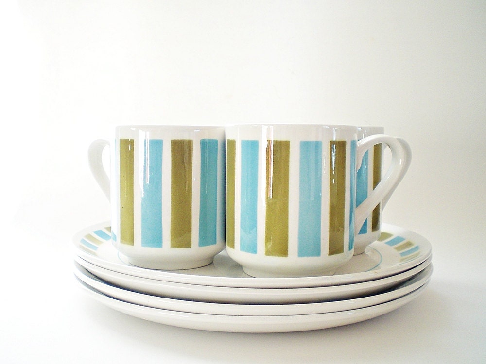 Luncheon Plate Mug Set, Vintage Ceramics, Retro Kitchen Decor, Turquoise Green Stripes, Spring Serving