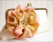 Spring Pink and Yellow Wedding Clutch in Ivory with Pink Lemonade Silk Flower and Vintage Rhinestone- Custom Made to Order