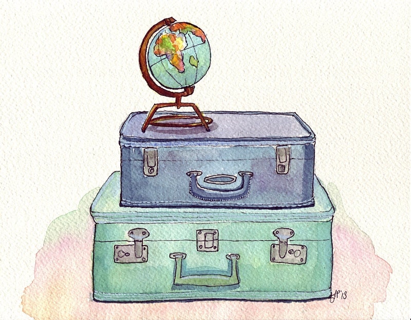 Watercolor Painting - Vintage Suitcases and Globe - Blue and Green Travel Wanderlust Illustration - Original Painting 8x10
