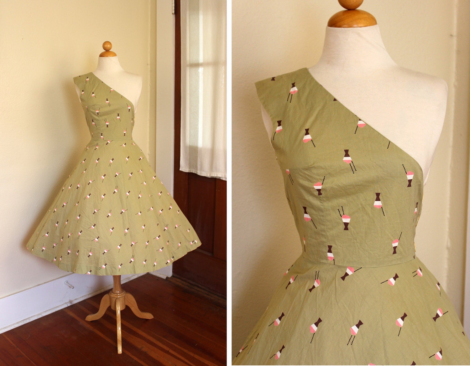 TOO CUTE 1950's New Look Asymmetrical One Shoulder Cotton Party Sun Dress w/ Ice Cream Floats Novelty Print - Lucite Buttons - VLV - Size S