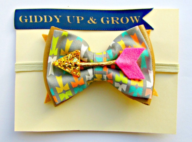 Baby Bow Headband - Aztec fabric and leather headband with Twig Arrow center, SUMMER