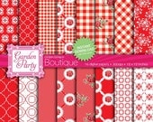 Digital Paper Pack: Vintage Summer Garden Party in Red and White - Picnic, Cookout, BBQ, Party, Celebration INSTANT DOWNLOAD