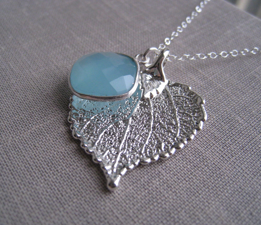 Silver real leaf necklace, aqua blue bezel gemstone, Real leaf jewelry, Silver leaf pendant and Aqua necklace