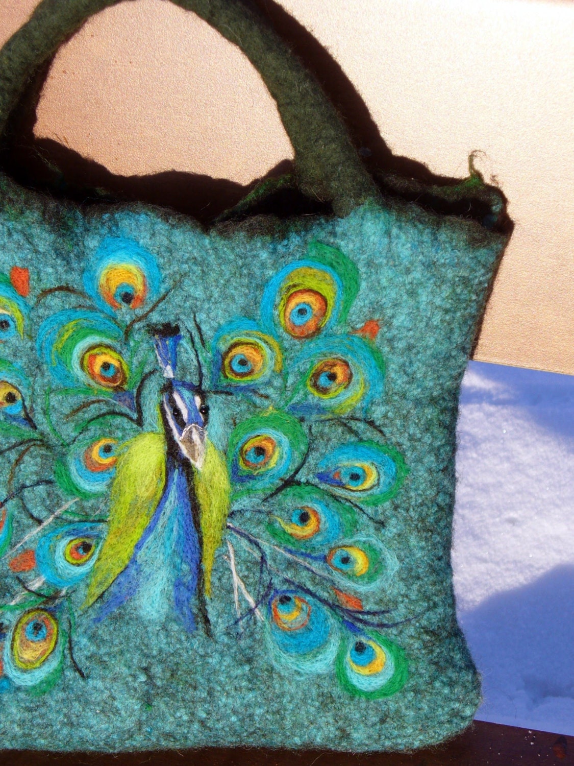 Felt Wool Tote Peacock,One of kind Felted handbag,  handmade, OOAK Ready to Ship
