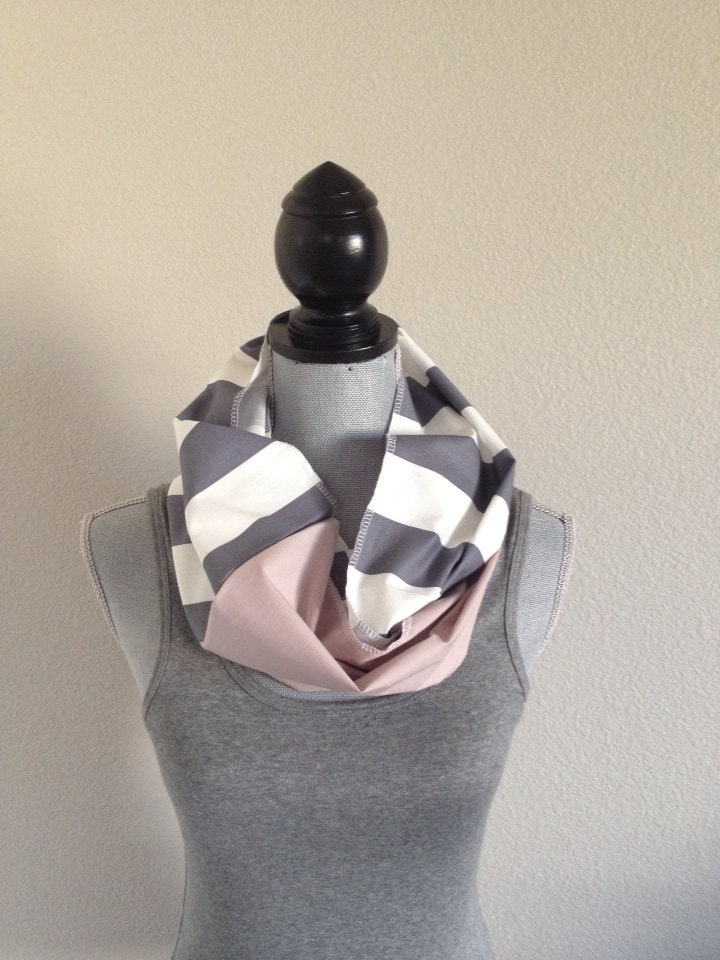 Grey and white stripes with chalk pink cotton infinity scarf