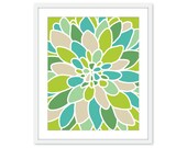 Green Dahlia Flower Art Print Wall Art Modern Home Decor Lime Green Teal Turquoise Tones