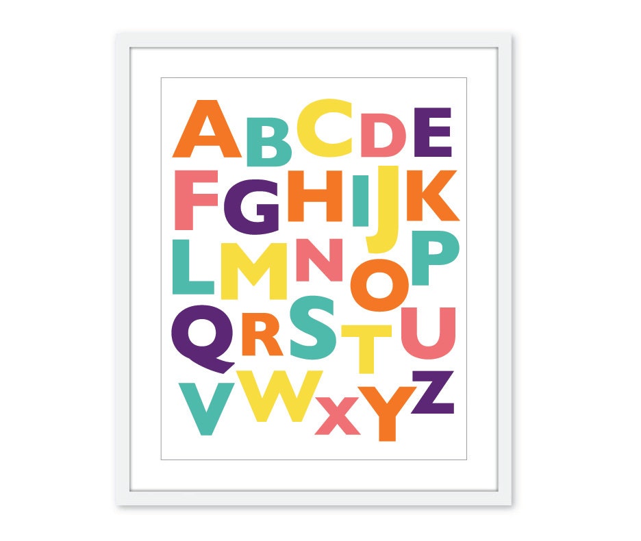 ABC Alphabet Nursery Art Prints - Orange Pink Aqua Yellow Pink - Typography - Custom Colors - Wall Art Baby Girl Children Decor