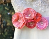 Pink, Coral, Magenta Organza Fabric Flower Sash Belt with Crystals and Pearls