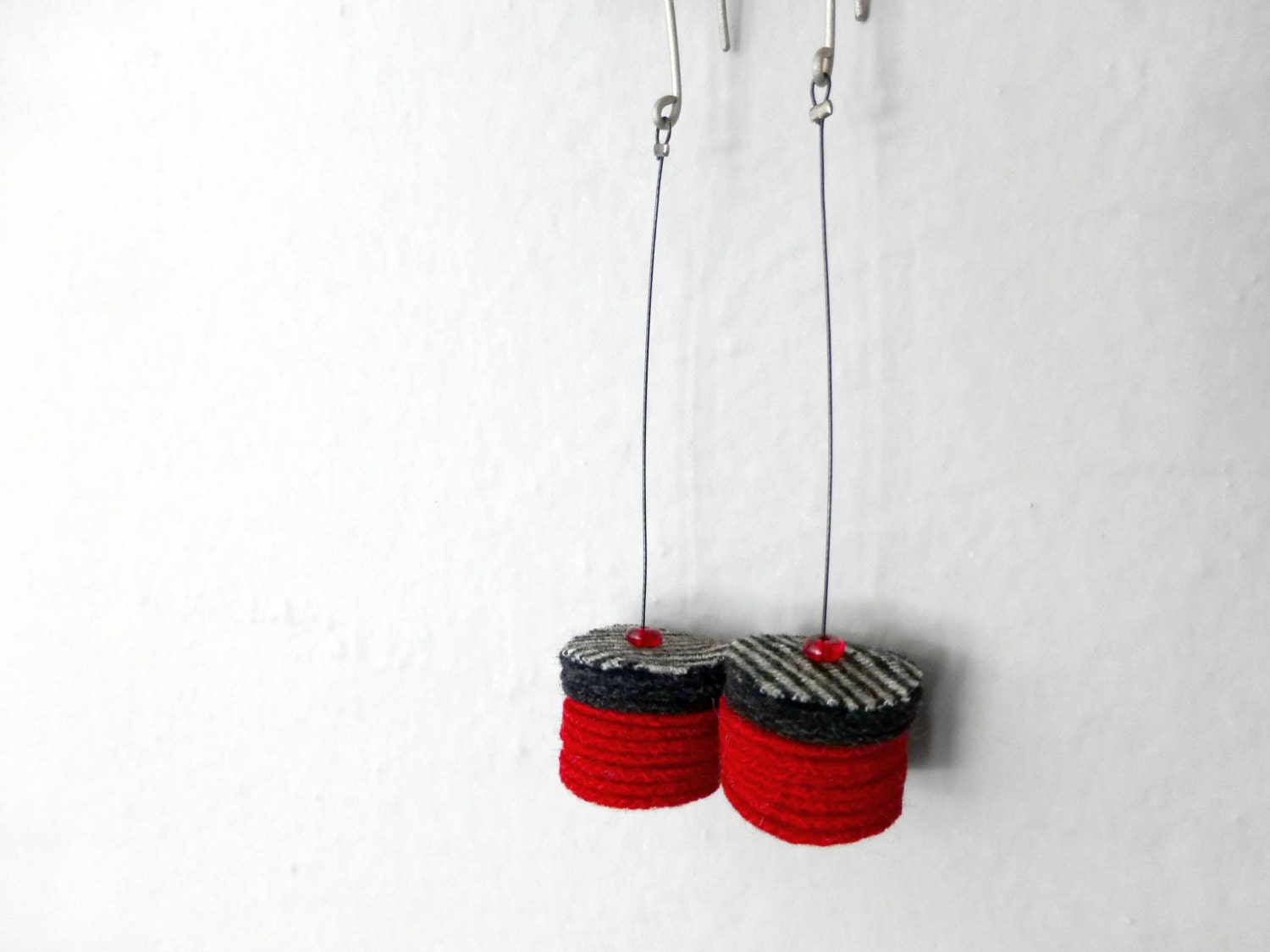 red, charcoal and stripe fabric felt bold geometric minimal earrings - contemporary jewelry