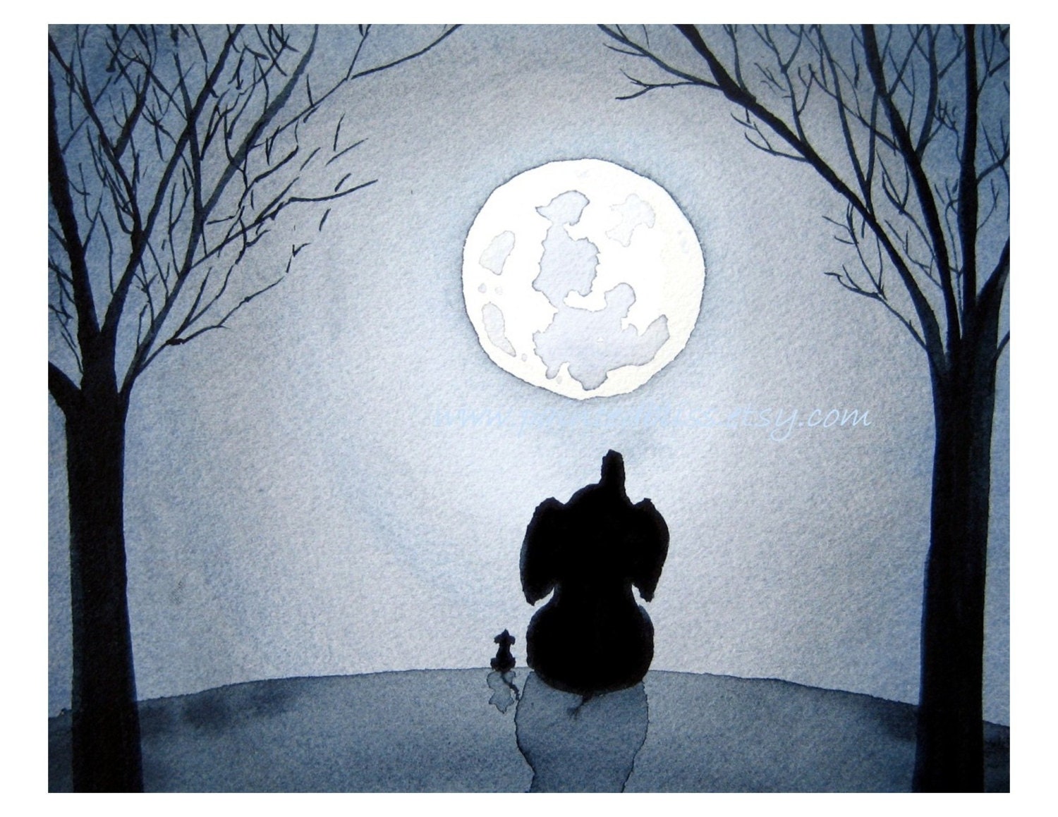 15% OFF SALE -Under The Moonlight - Elephant and mouse under a full moon - Signed Fine Art Print - blue nursery art for kids, children