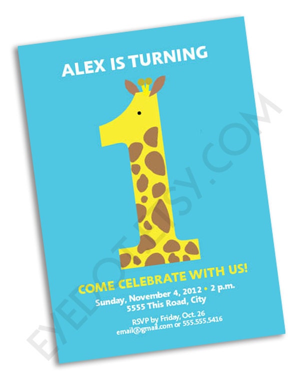 Baby's 1st Birthday Party giraffe invitation - choose blue, green, pink, yellow - 5x7 flat digital download you can print where you want