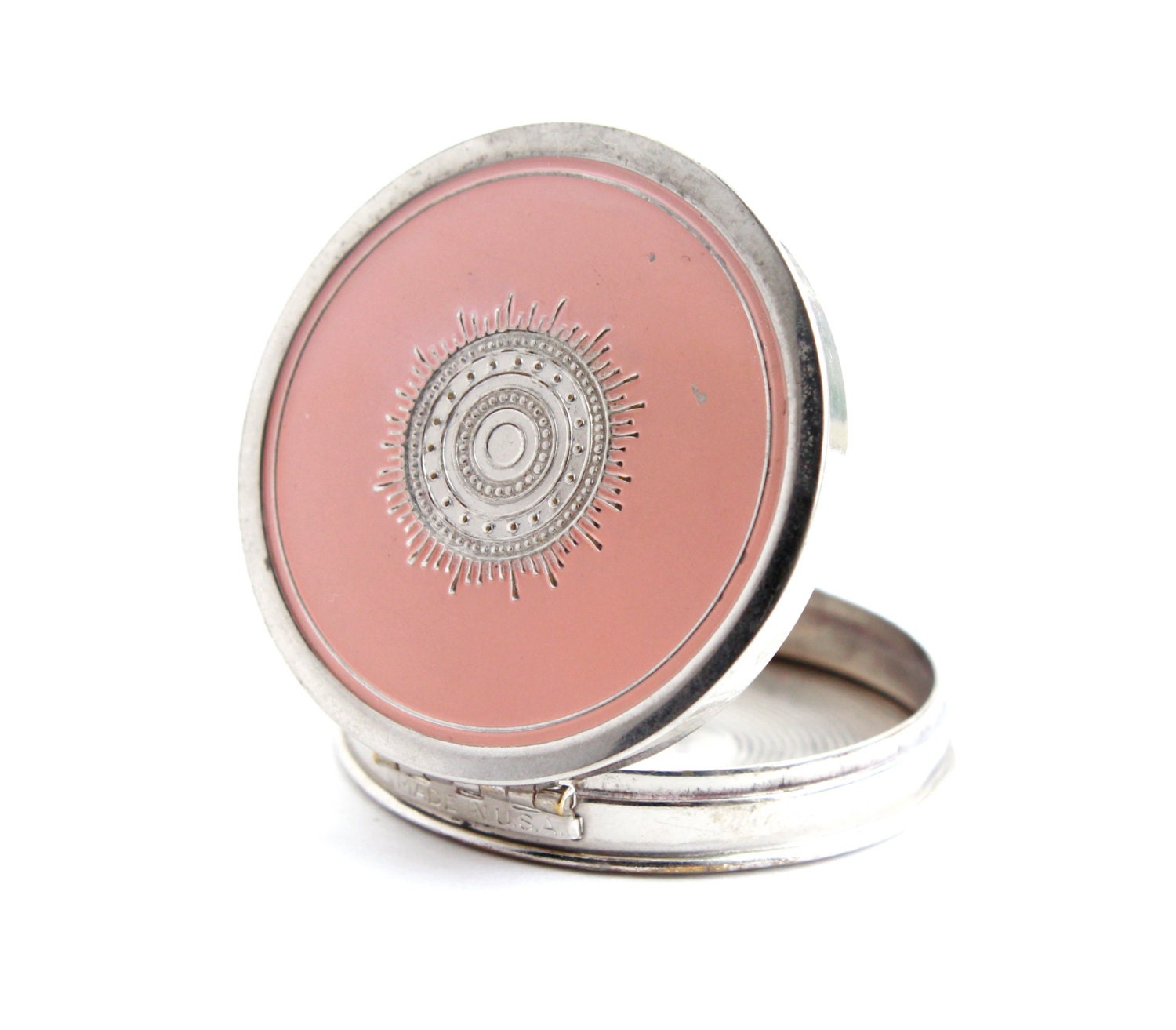 Vintage Pill Box - Gemey Rhichard Hudnut Powder Compact - Silver Tone With Pink Enamel/ Art Deco Style Star Burst
