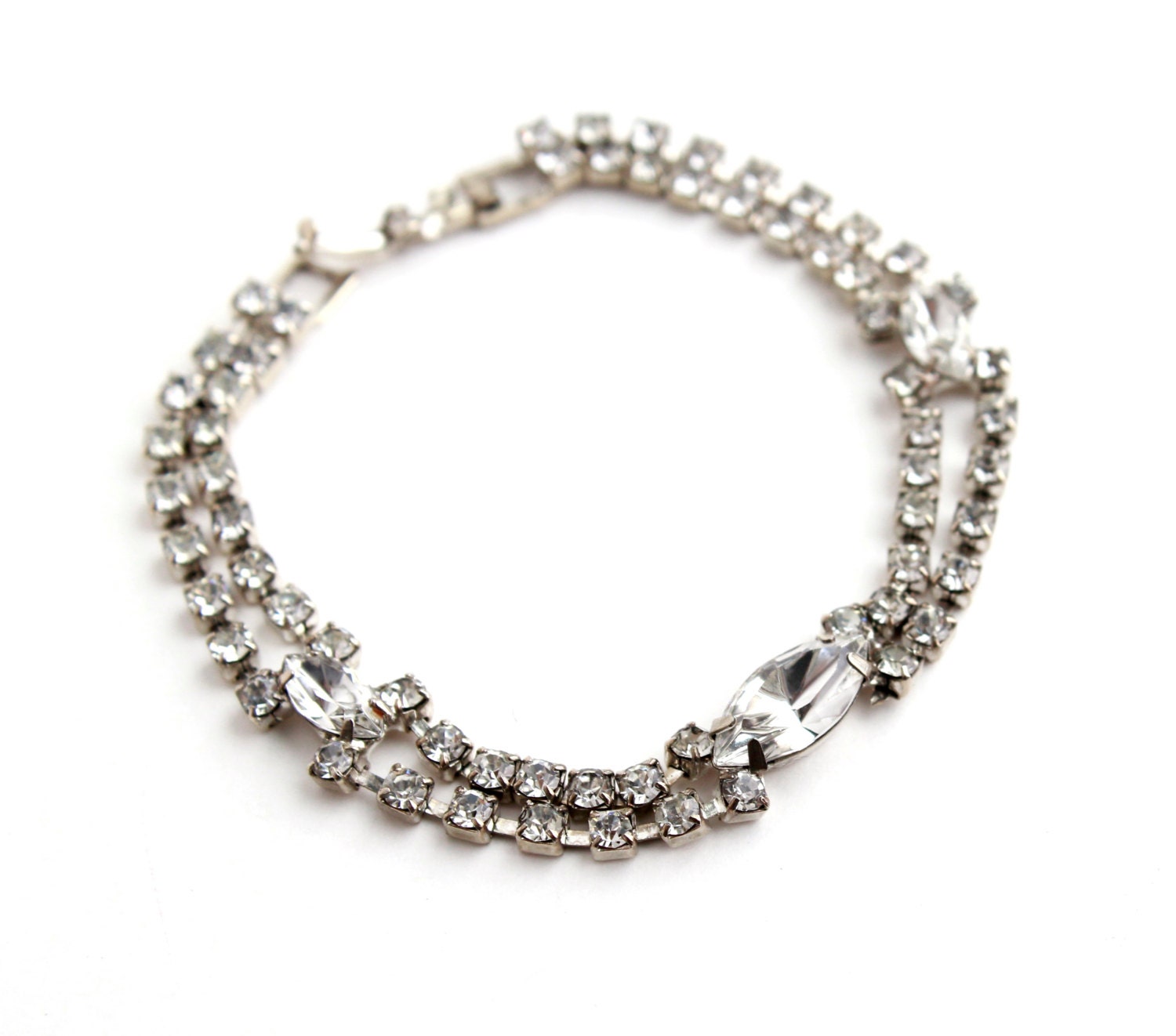 Vintage Clear Rhinestone Bracelet -  Silver Tone 1950s Costume Jewelry / Faux Diamond Accessory