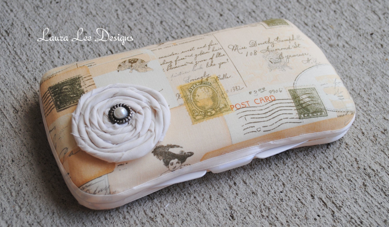 Vintage Postcards  Boutique Style Travel Baby Wipe Case with Handmade Rolled Flower READY TO SHIP