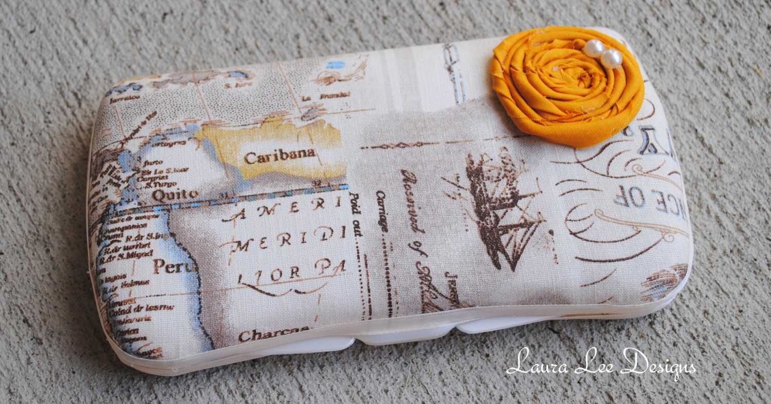 Vintage World Map with Mustard Handmade Rolled Flower Boutique Style Travel Baby Wipe Case with Handmade Rolled Flower READY TO SHIP