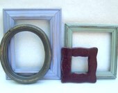 Open Gallery Frame Quartet - upcycled shabby cottage chic - 4 painted frames - Dove grey, merlot wine, lilac lavender, slate gray - OOAK