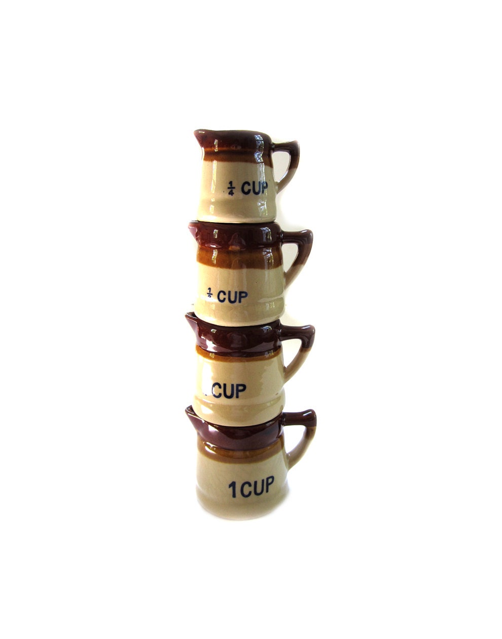 Vintage Measuring Cups Brown Drip Pottery 4 piece set