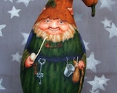 Woodland Friends, elf, gnome, hand painted gourd, unique fantasy art, 9 inches tall