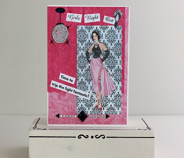 Handmade Retro Paperdoll Bachelorette party card, nostalgic paper goods paper doll greeting card shabby chic for girls night out disco ball