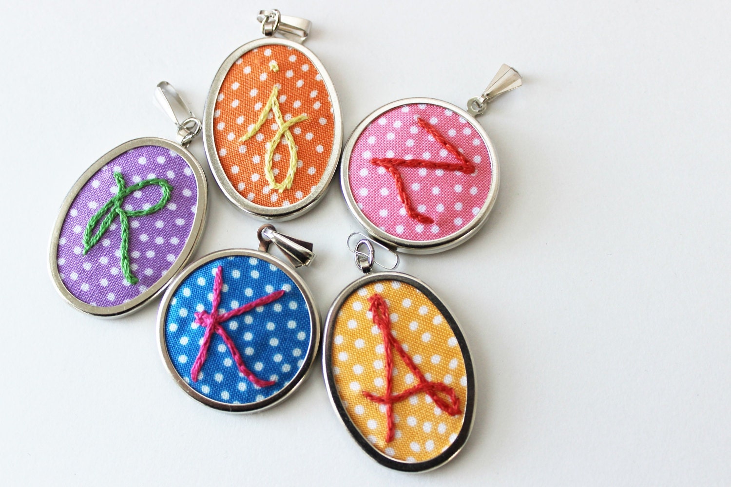 Personalized Initial Necklace. Polka Dot Fabric with Hand Embroidered Initial. Jewelry by Merriweather Council on Etsy.
