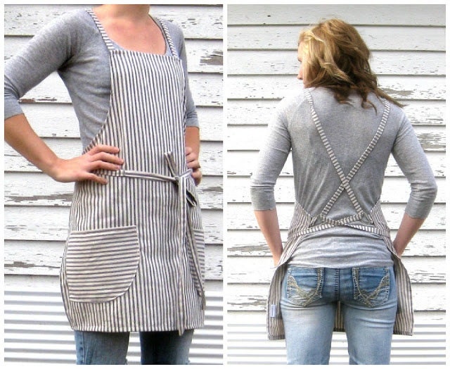 Rustic Full Kitchen Apron for Him or Her in Blue Pinstripe Ticking with Crossed Straps