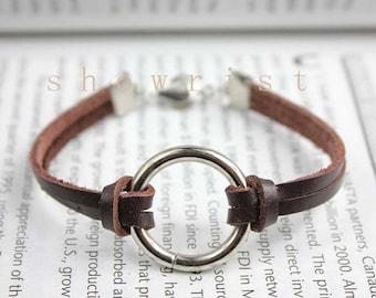 brown leather with silver ring charm bracelet, ring bracelet r11