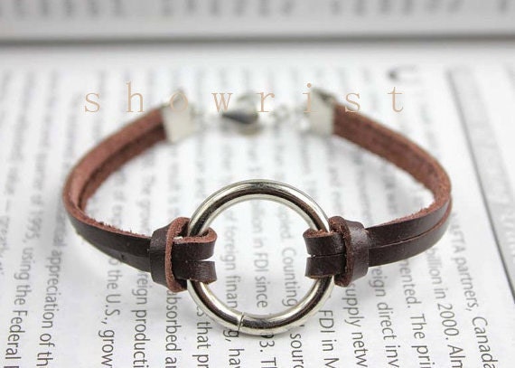 brown leather with silver ring charm bracelet, ring bracelet r11