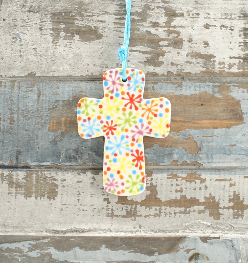 Twinkle Stars Cross Ornament Two Sided Hand Painted Dots Stripes
