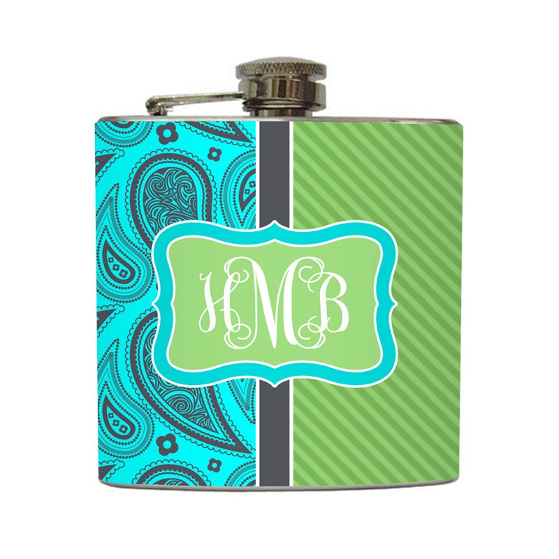 Blue Green Paisley Stripe Custom Personalized Monogram Flask Initials 21 Bridesmaid Gifts - Stainless Steel 6 oz Liquor Hip Flask LC-1057