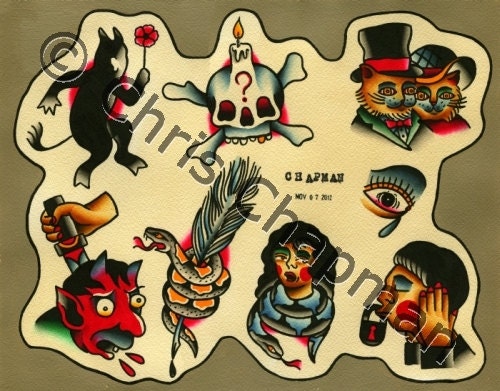 Devils n Snakes n Cats Tattoo Flash