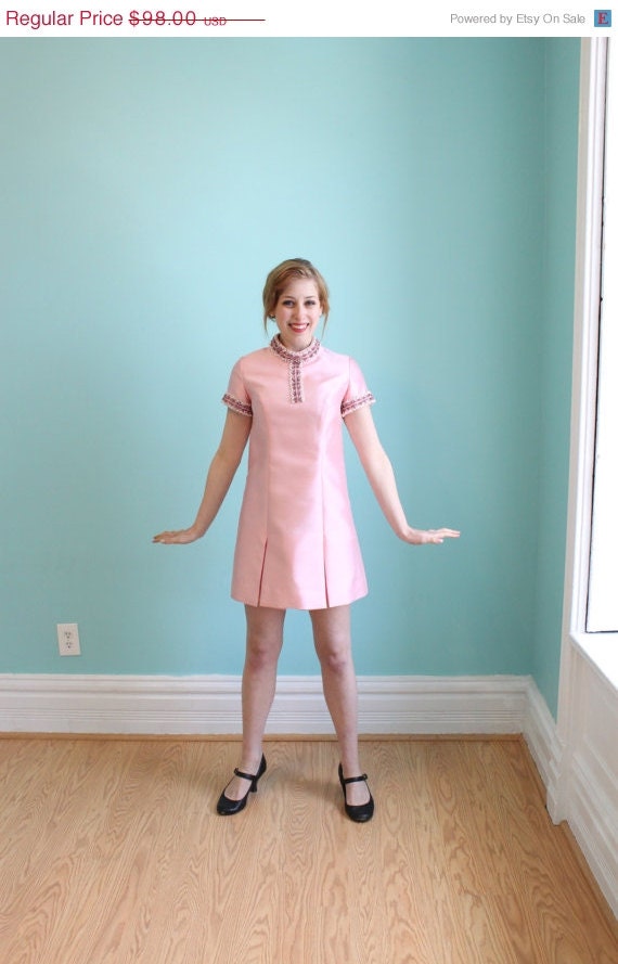 Sale Dress Vintage 1960s 60s  Coat PINK Jeweled Silk MOD Mini Cocktail  S Small