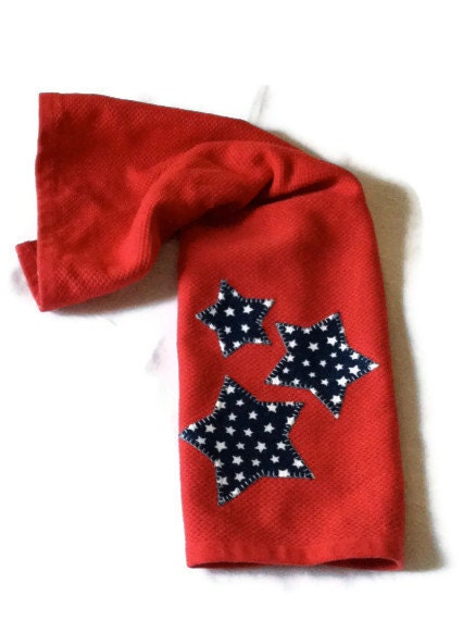 Red Terrycloth dish towel applique blue white stars