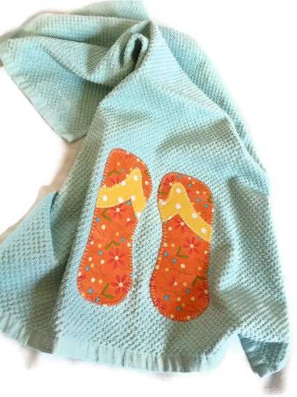 Orange floral print yellow polka dots flip flops light green Terrycloth dish towel