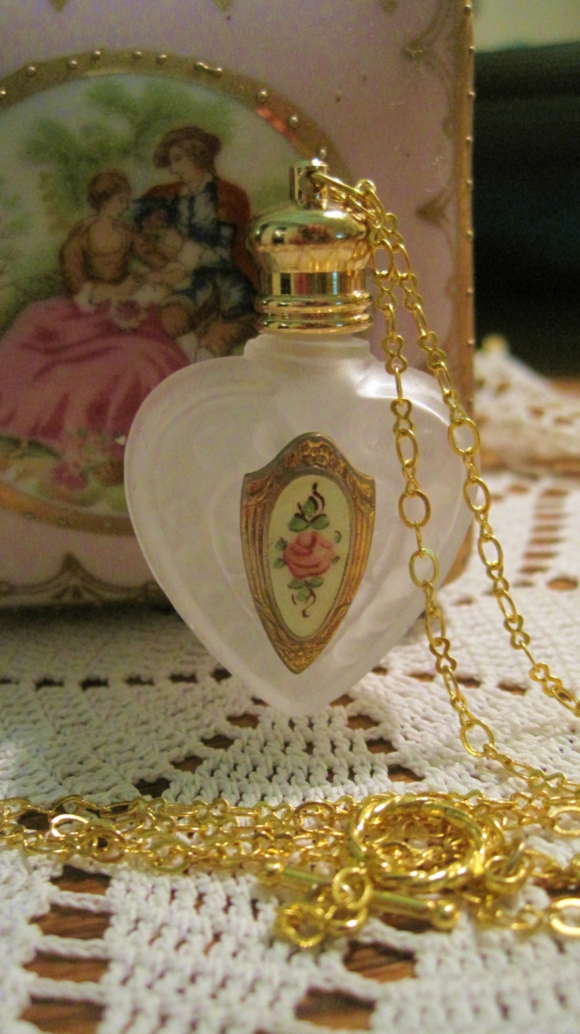 10%Off (use code marchmadness1) Vintage Perfume Decanter Pendant/Necklace Frosted Glass with a Cabbage Rose Guilloche Panel